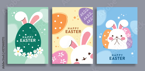 Happy Easter greeting clipart poster set. Colorful Easter egg with cute bunny for Easter Sunday greeting card and wishes background decoration clip art collection vector illustration.

