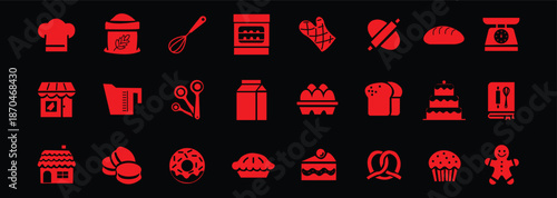 Bakery icon set. Dessert and kitchen tools symbol. Vector illustration.