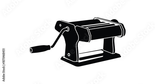 A stark black and white illustration depicts a classic pasta machine presented as a silhouette