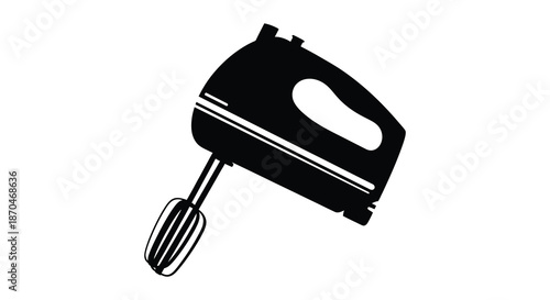 A striking black silhouette of a handheld electric mixer presented on a clean white background silhouette