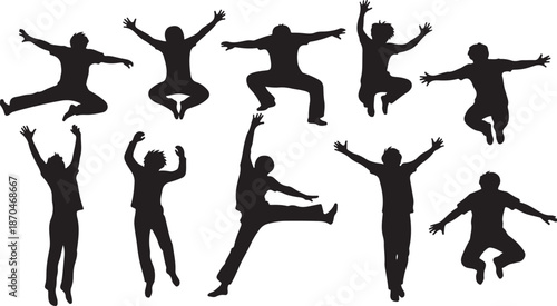 Silhouettes of people jumping and celebrating with joy