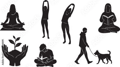 Silhouette icons of people practicing yoga and wellness