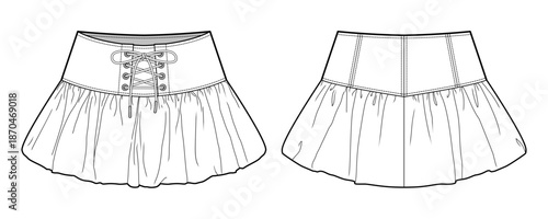 Lace-Up Waist Bubble Mini Skirt Technical Fashion Illustration. Voluminous Bubble Hem Skirt with Structured Waistband and Gathered Silhouette. Front View. Women’s Fashion Skirt. CAD Vector Mockup Set.