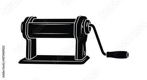 A vintage manual pasta maker illustration in black showcasing a classic kitchen tool silhouette