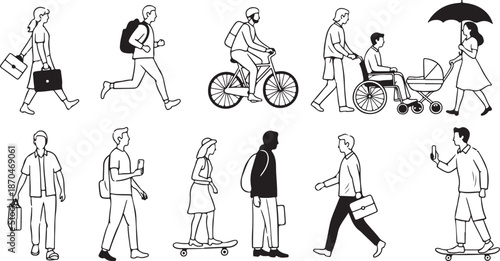 Diverse group of people walking in various styles daily