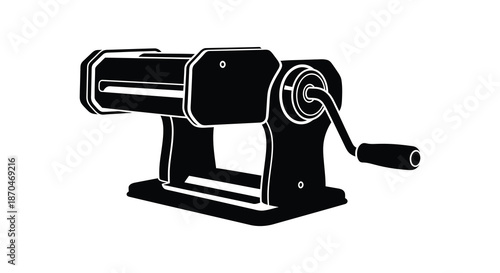 A striking black silhouette of a vintage pasta maker machine highlighting its mechanical form silhouette