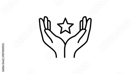 Open Hands Holding Star Icon – Minimal Black and White Line Symbol