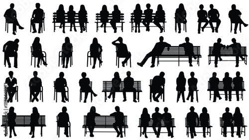 Large collection of people silhouettes sitting on benches and chairs in various poses, isolated on white background for architectural visualization and design.