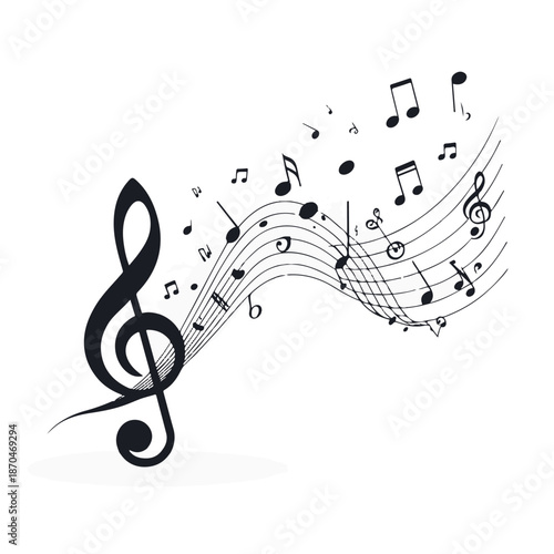 Beautiful treble clef music notes flowing in a creative wave
