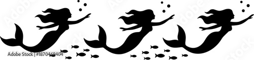 Simple Silhouette Mermaid with Fish and Bubbles Elegant Illustration Icon
