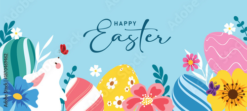 Happy Easter greeting clipart banner design. Happy Easter greeting banner card template clip art with bunny, printed Easter egg and colorful spring flowers flat drawing elements in blue background 