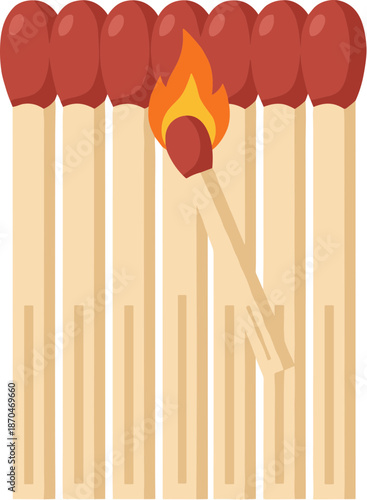 Flat Design Burning Matchstick Illustration with Fire Flames and Unlit Matches