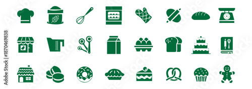 Bakery icon set. Dessert and kitchen tools symbol. Vector illustration.