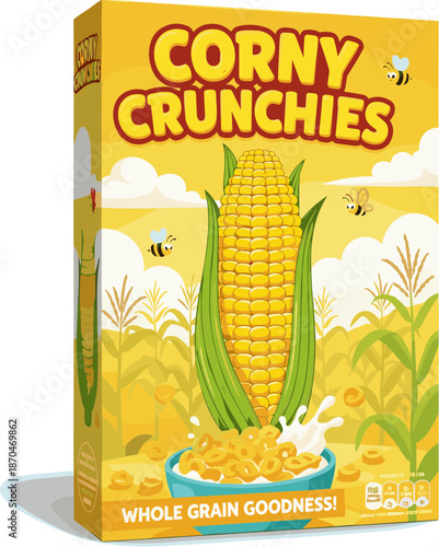 Bright Cartoon Cereal Box with Corn and Rings Advertisement Illustration