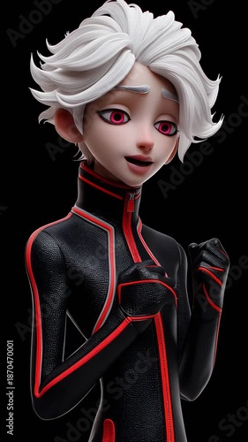 3D animated character with white hair in futuristic attire