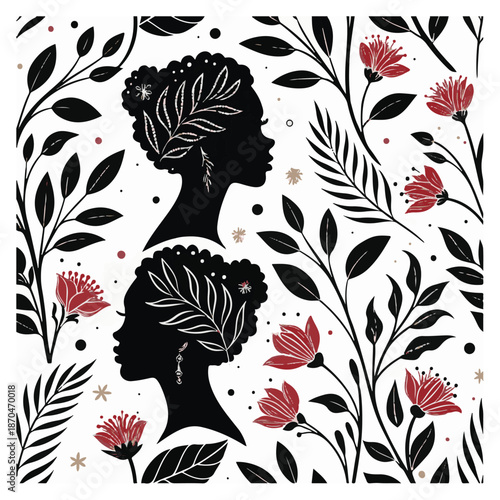 Two women's silhouettes with floral hair in modern illustration