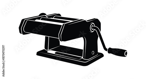 A detailed black silhouette of a vintage pasta machine with a classic crank handle silhouette