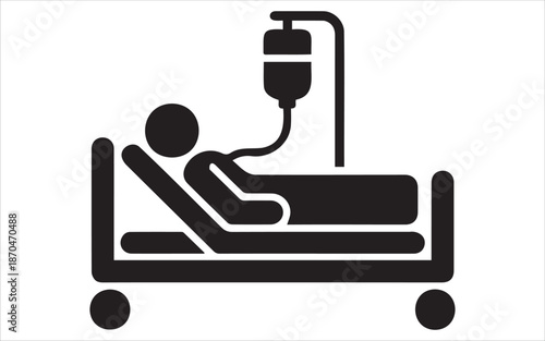 Hospital Patient in Medical Bed with IV Drip Infusion Silhouette Icon for Healthcare and Nursing Care Concepts