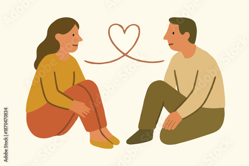 Flat hand-drawn vector of a couple sitting apart but connected by a loose heart line, imperfect anatomy, minimal details, soft warm tones