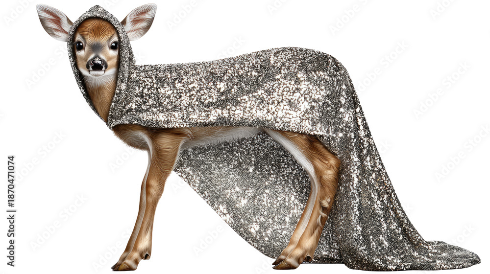 Obraz premium Adorable Young Deer Wearing Shimmering Glitter Cape in Mystical Forest Setting