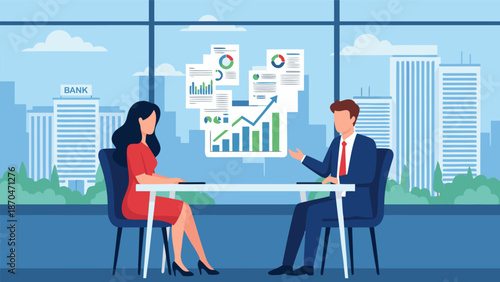 Business meeting vector illustration of two professionals discussing financial growth charts and reports in a modern office setting