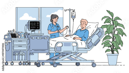 Vector illustration of a nurse attending to a patient in a hospital bed with medical equipment