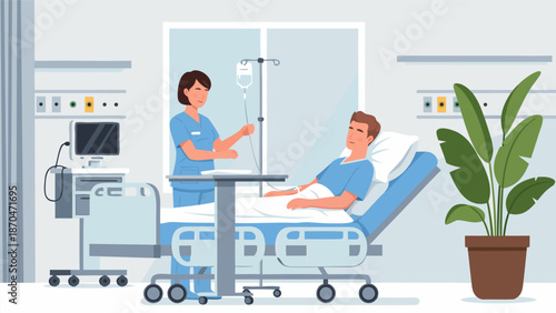 Hospital Room with Patient and Nurse Vector Illustration - Medical Care and Treatment Scene