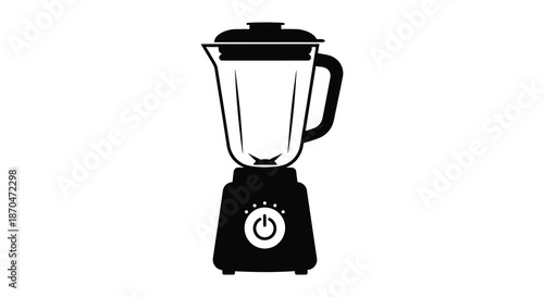 A simple black and white illustration of a modern kitchen blender in a striking silhouette