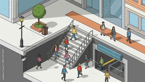 Diverse Group of People Ascending and Descending Stairs to Urban Subway Station Entrance Isometric Cityscape transportation