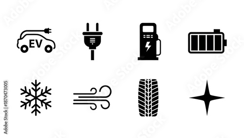 Electric vehicle icons set on a clean white background illustrating eco-friendly transportation and advanced automotive technology