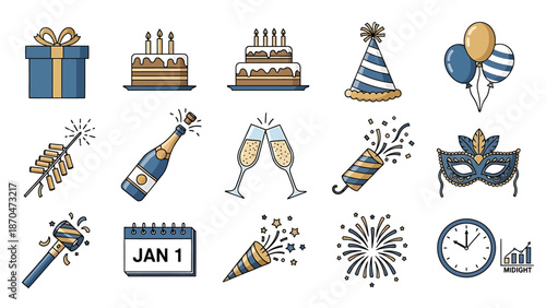 Celebratory elements including gifts, cakes, party hats, and fireworks displayed together