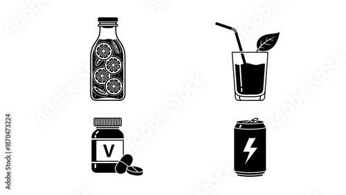 A collection of health and energy icons including a vitamin bottle, supplement pills, an energizing drink, and a power battery