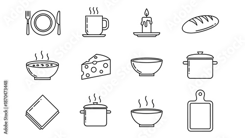 Collection of kitchen utensils and dishes arranged neatly on a clean surface