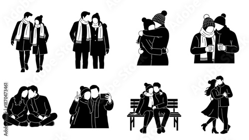 People interacting in various ways, standing, sitting, and walking in a monochrome illustration style