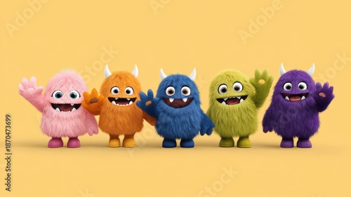 Colorful cheerful cartoon monsters waving happily in bright setting