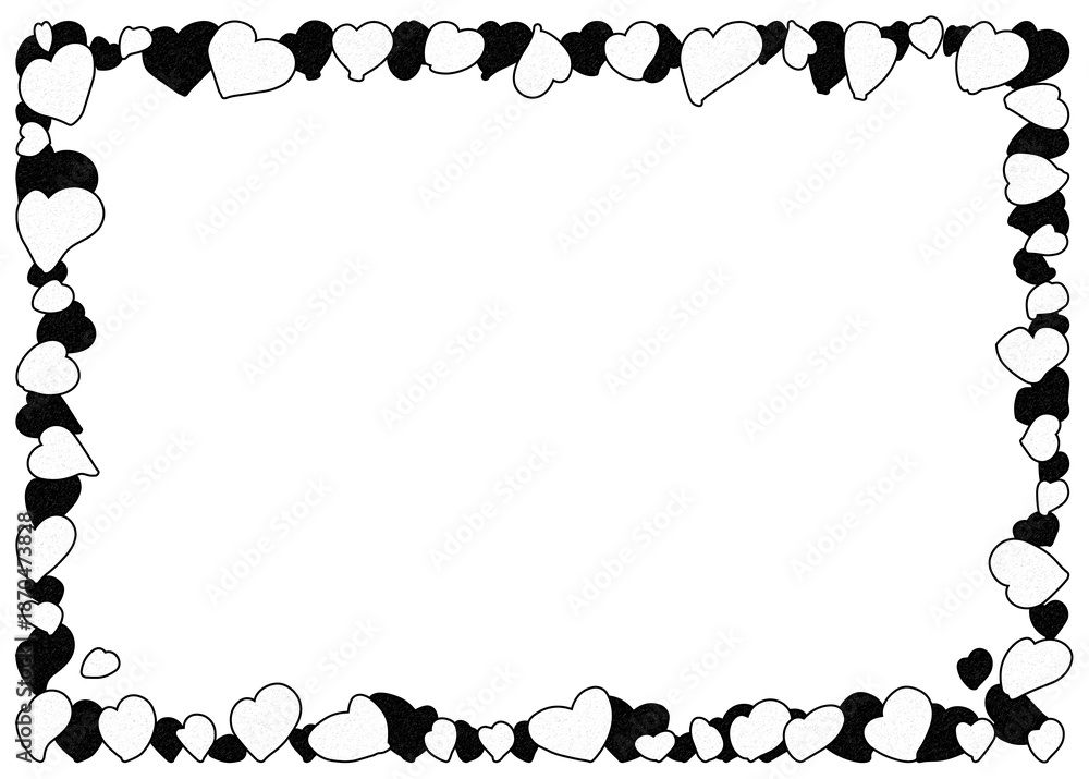 Fototapeta premium モノクロの手描きハートが可愛い背景イラスト・小さいハートで囲まれた四角いハートフレーム・ペン画風