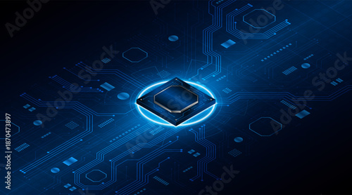 Microchip processor circuit board technology on dark blue background. Information Processing Concept. Circuit board hi-tech technology background. vector illustration