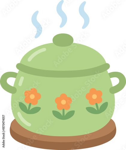 Green cooking pot with floral design, steaming hot food concept, kitchen utensil vector, flat vector illustration for culinary themes