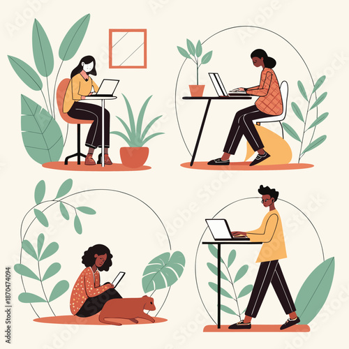 Remote work lifestyle illustration with people working on laptops indoors