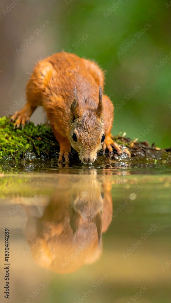 Obraz premium A red squirrel leans to drink water, reflecting in the forest pool