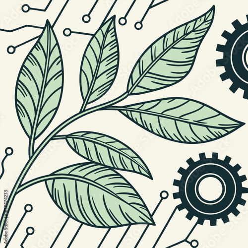 Green technology illustration with leaves gears and digital circuit concept
