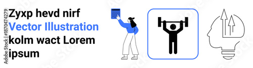 Technology, exercise, innovation, digital creativity, self-improvement, health awareness. Woman holding a tablet, weightlifting icon and brain illustration with arrows. Technology and exercise