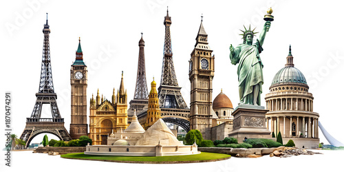 World landmarks and famous monuments photo collage isolated on white background, PNG. AI Generated