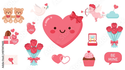 Cute cartoon heart surrounded by Valentine's Day themed icons and symbols feb best