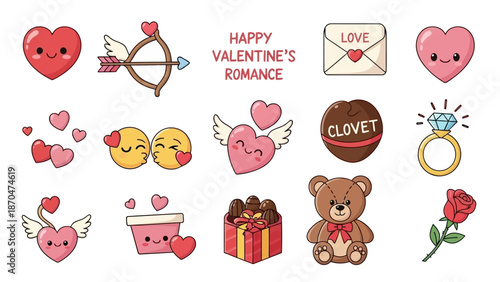 Cute Valentine's Day stickers show love symbols and gifts on white background feb best