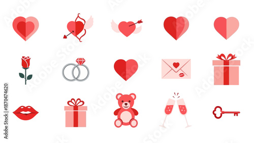 Valentine's Day symbols and icons in pink and red on white background 