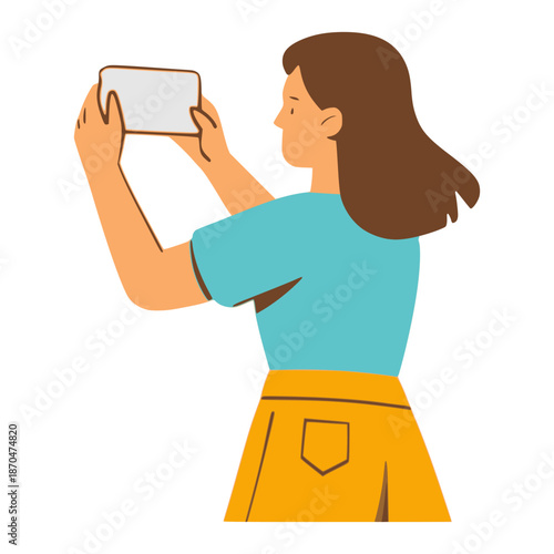 girl takes a selfie photo from phone flat color vector illustration template design
