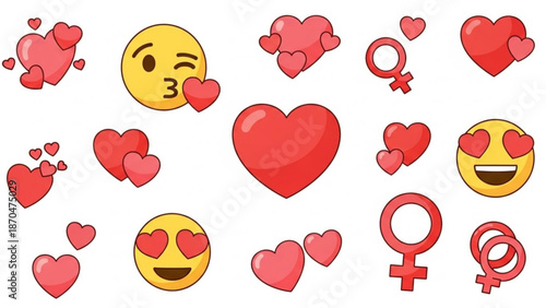 Collection of romantic heart icons and winking emoji faces symbolizing love and affection for Valentines Day or relationship concepts flat vector illustration