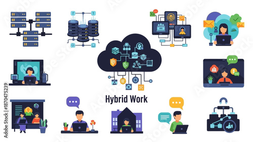 This image represents hybrid work, cloud collaboration, and remote teamwork through a modern and informative vector illustration. It shows cloud-based systems connecting employees, devices, and workfl