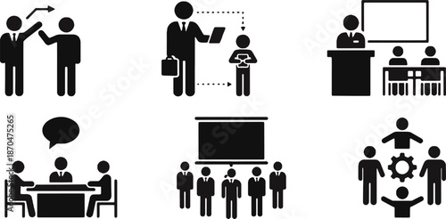 Business training and corporate management icon set